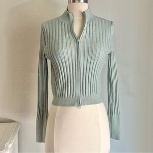 Wild Fable Seafoam Green Ribbed Fitted Zip Front Sweater, Large